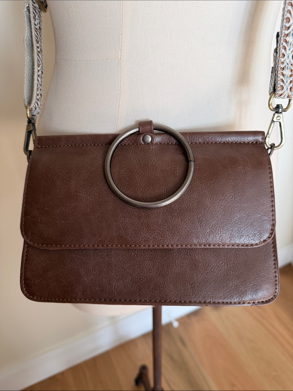 Joy Susan Brown Crossbody Bag with Ring Accent and Adjustable Strap
